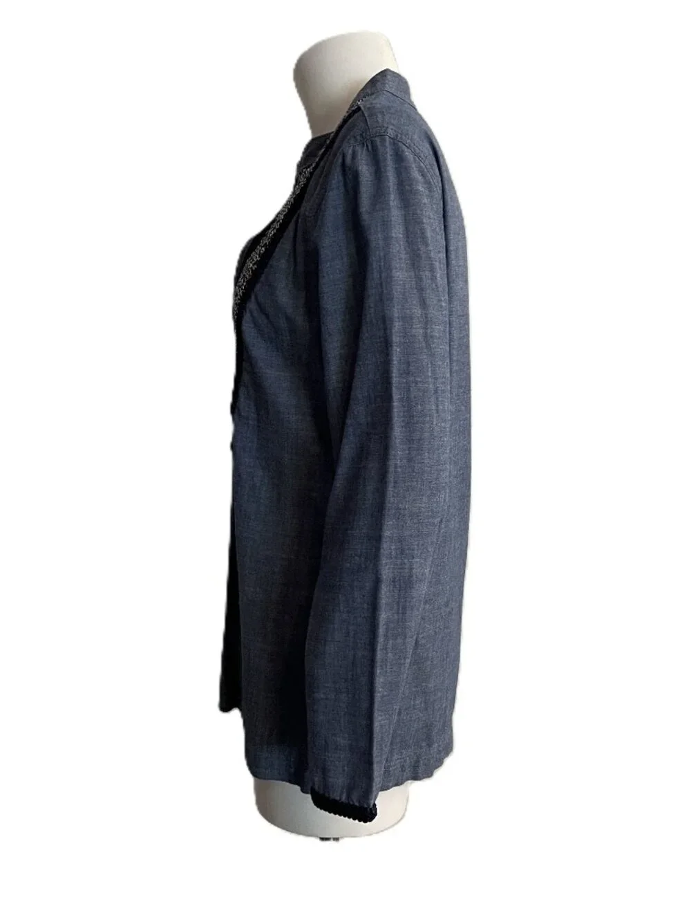 Tory Burch Tunic Blouse Top Sz 8 Med Embroidered Blue Chambray Geometric Cotton
